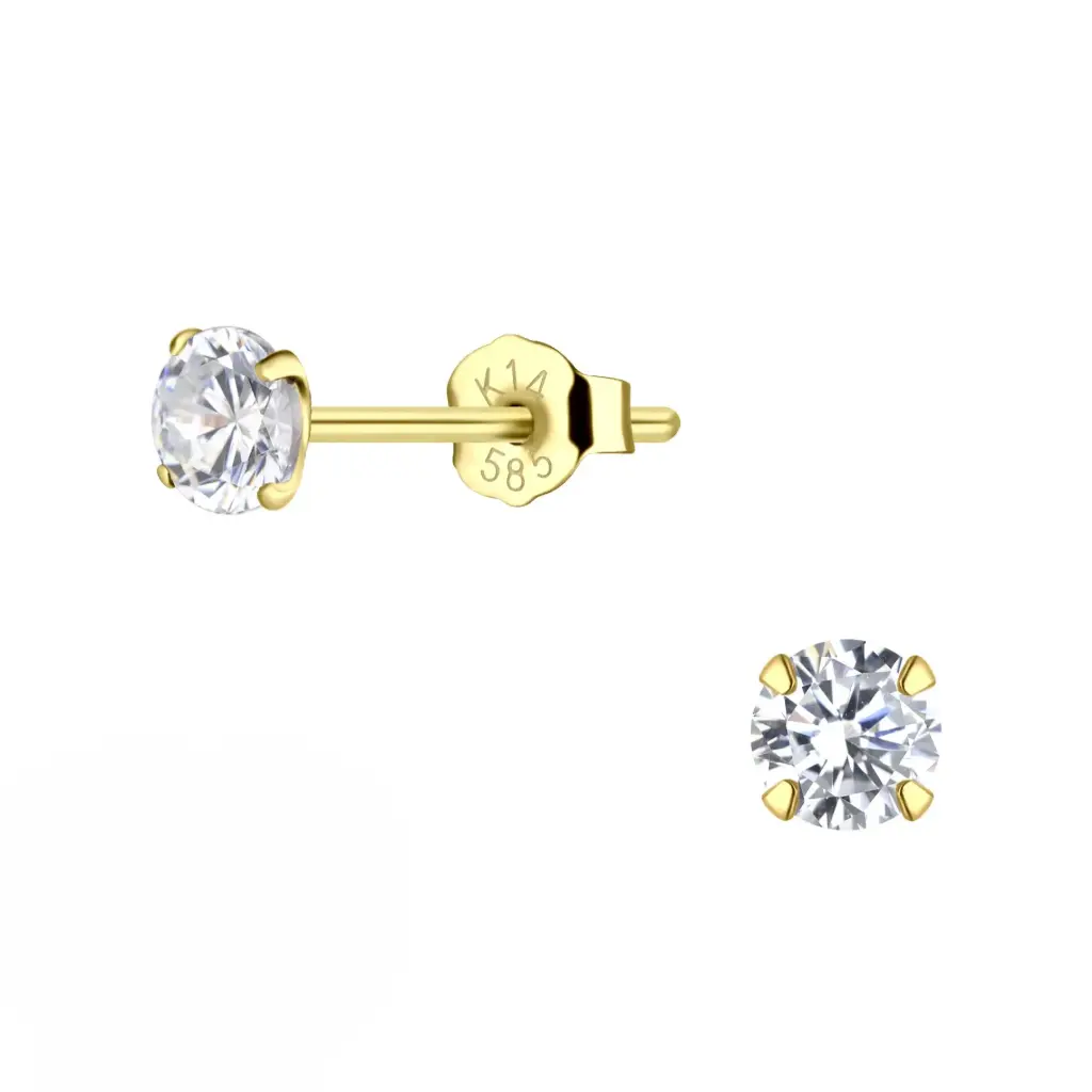 14K Solid Yellow Gold 4mm White Cubic Zirconia Stud Earring, 0.40 g