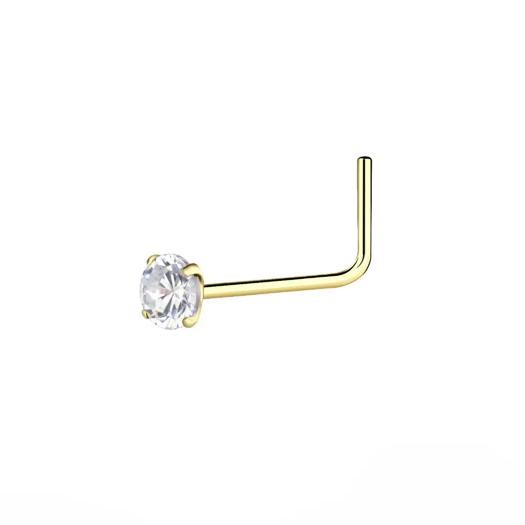 14K Solid Yellow Gold 2.5 mm White Cubic Zirconia L-shaped Nose Ring, 0.06 g 