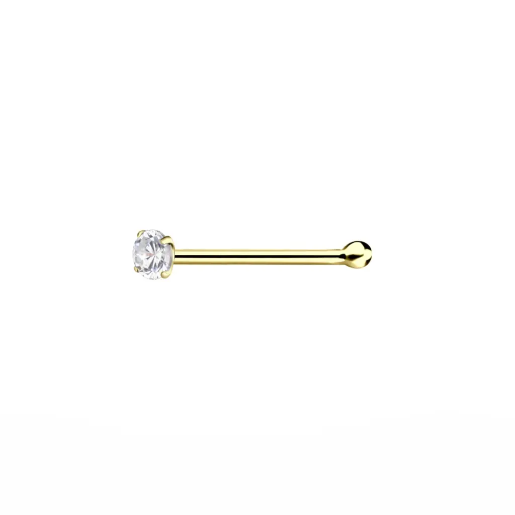 14K Solid Yellow Gold 1.5 mm White Cubic Zirconia Straight Stud With Ball Nose Ring, 0.05 g 