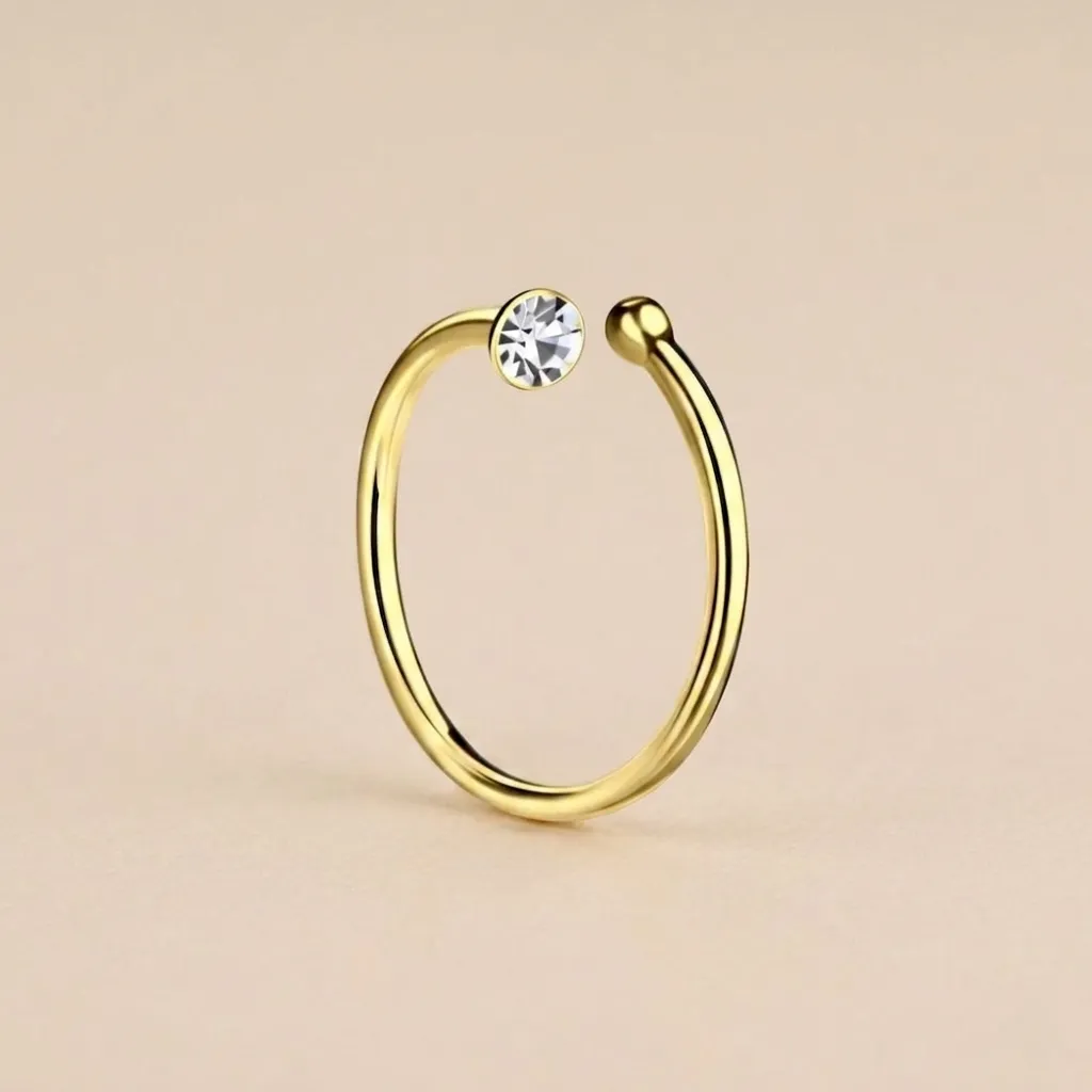 925 Silver 14K Gold Plated White Crystal Circle Nose Ring, 0.15 g