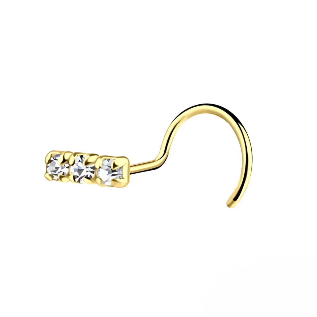925 Silver 14K Gold Plated White Crystal Bar Curved Nose Ring, 0.12 g