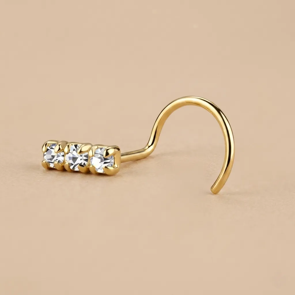 925 Silver 14K Gold Plated White Crystal Bar Curved Nose Ring, 0.12 g