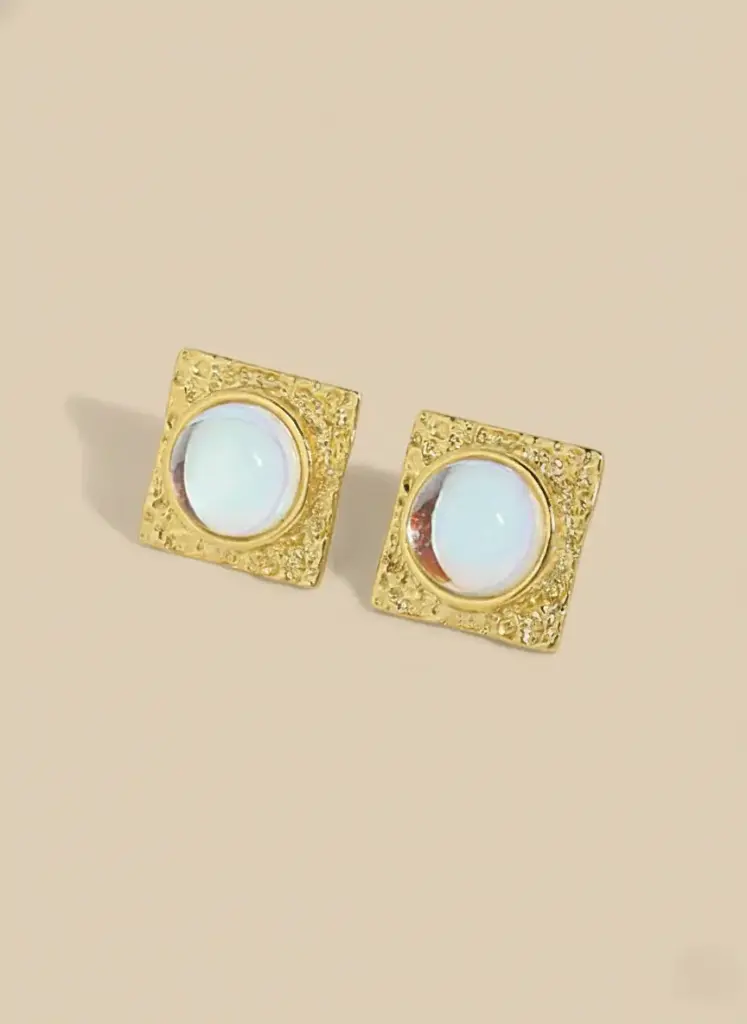925 Silver 14K Gold Plated Opal Square Vintage Stud Earring, 0.0070 kg 