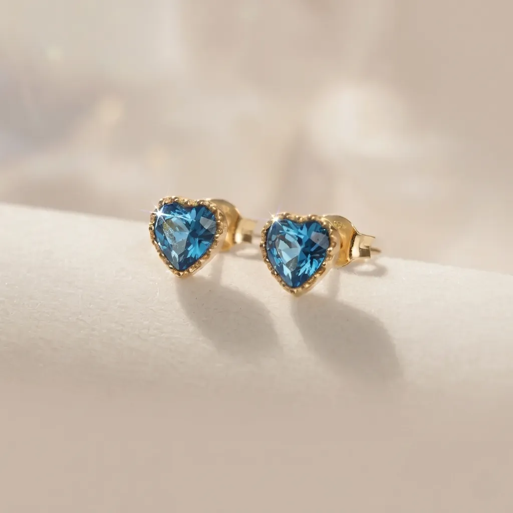 925 Silver 14K Gold Plated Crystal Sapphire Blue Heart Stud Earring, 0.0030 kg