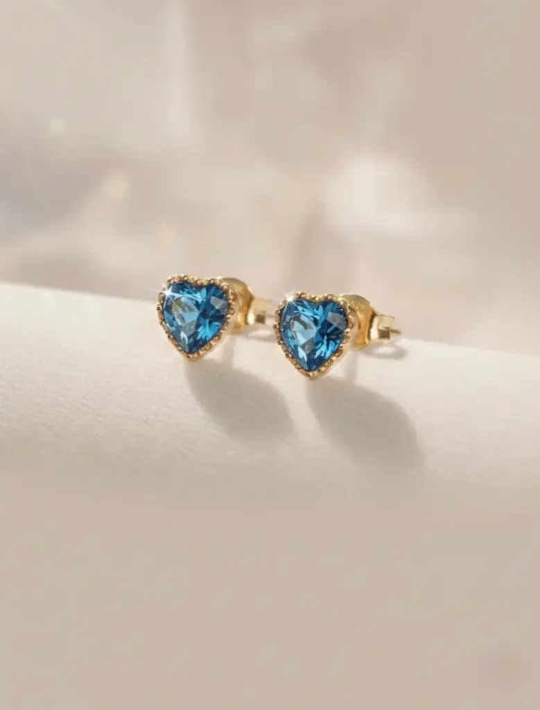 925 Silver 14K Gold Plated Sapphire Blue Heart Stud Earring, 0.0030 kg