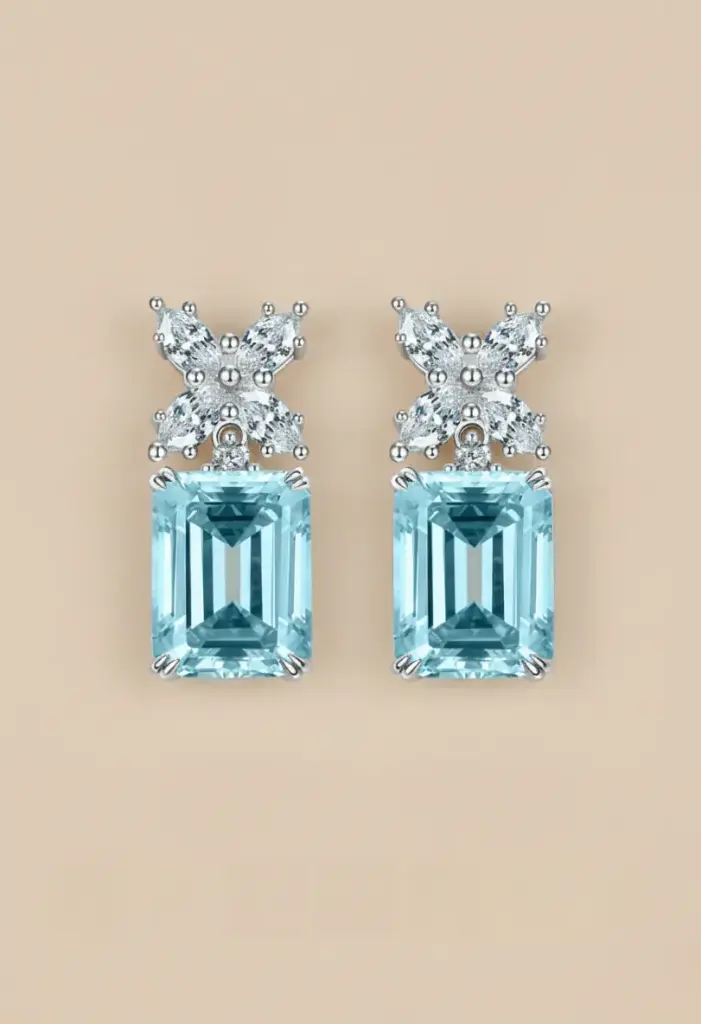 925 Silver Sea Blue Zirconia Royal Cluster Earring, 0.0070 kg

