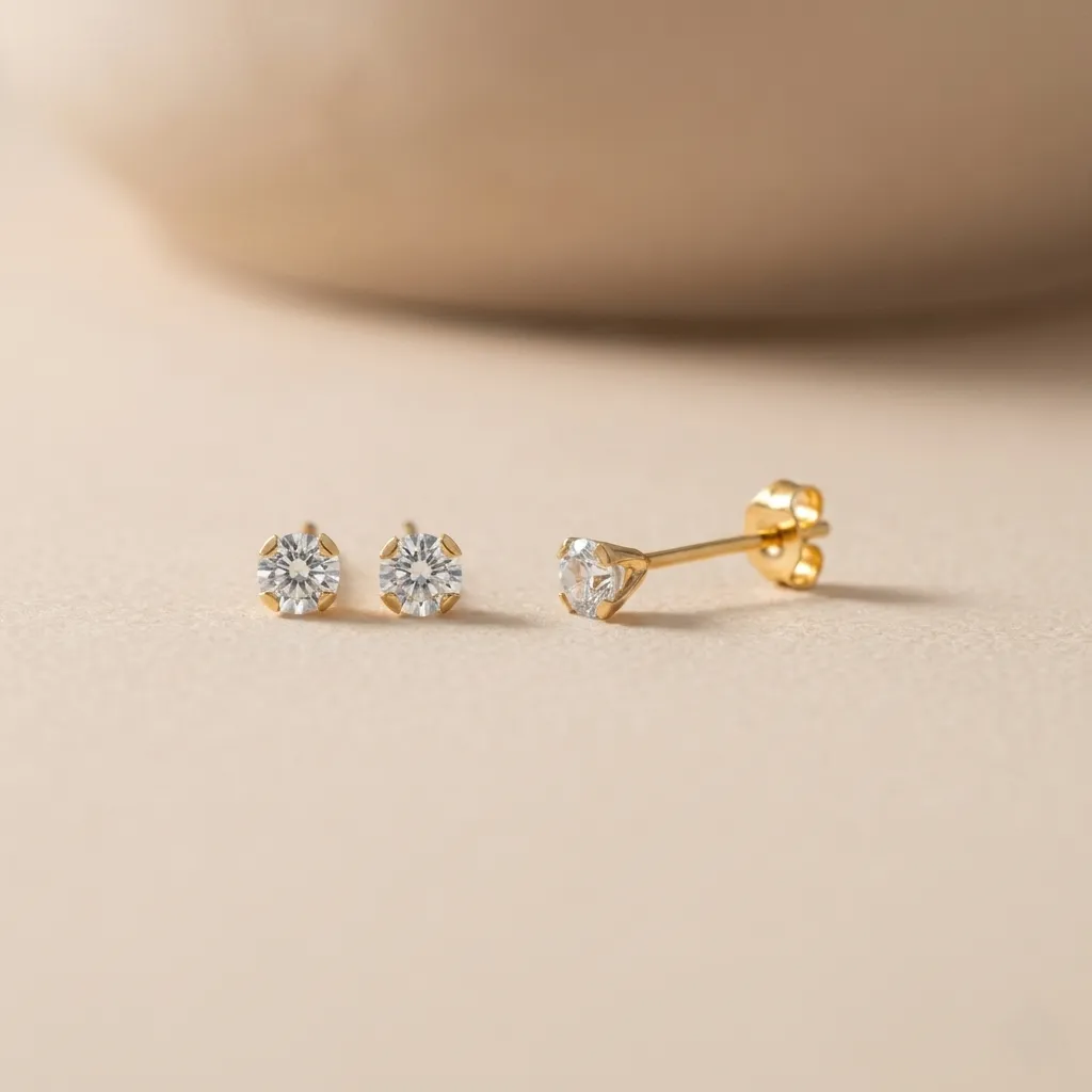 18K Solid Yellow Gold 3mm White Cubic Zirconia Stud Earrings, 0.23 g