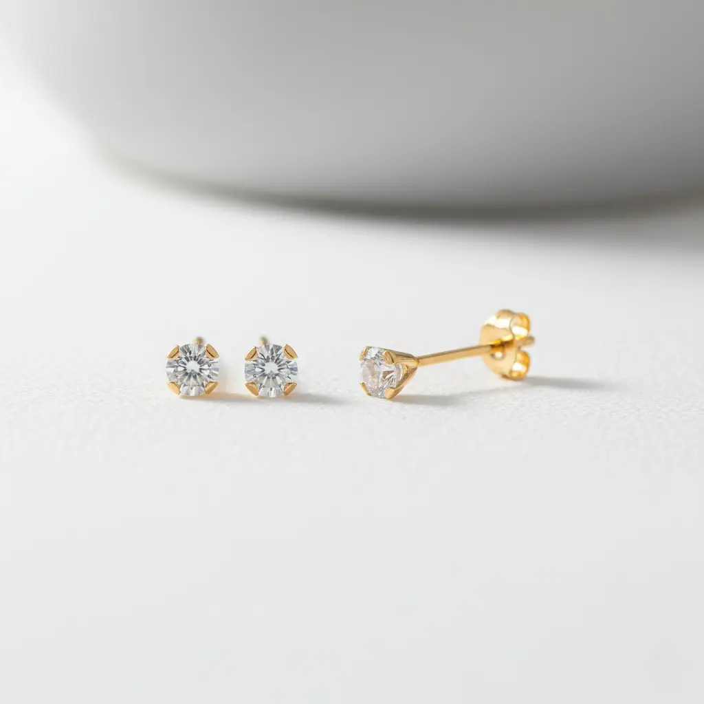 18K Solid Yellow Gold 3mm White Cubic Zirconia Stud Earrings, 0.23 g