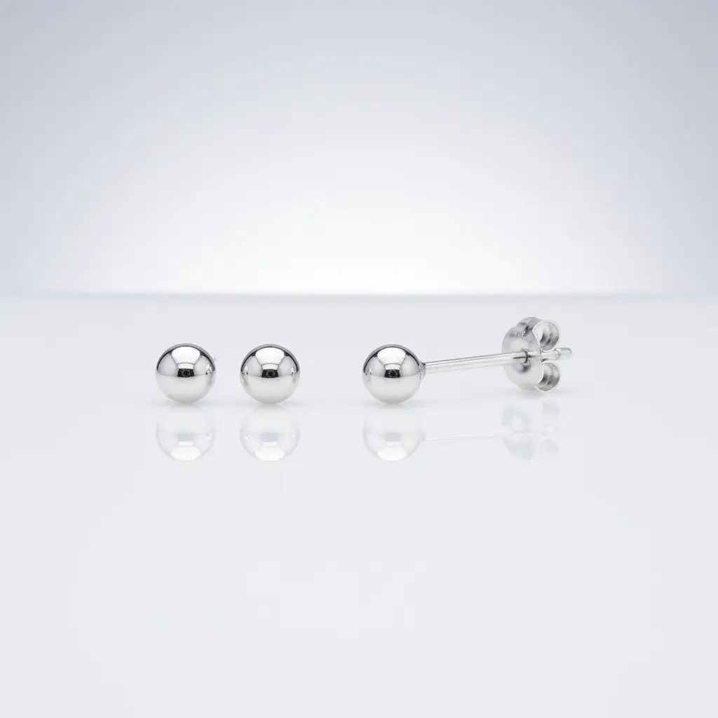 18K Solid White Gold 3mm Round Stud Earrings, 0.24 g