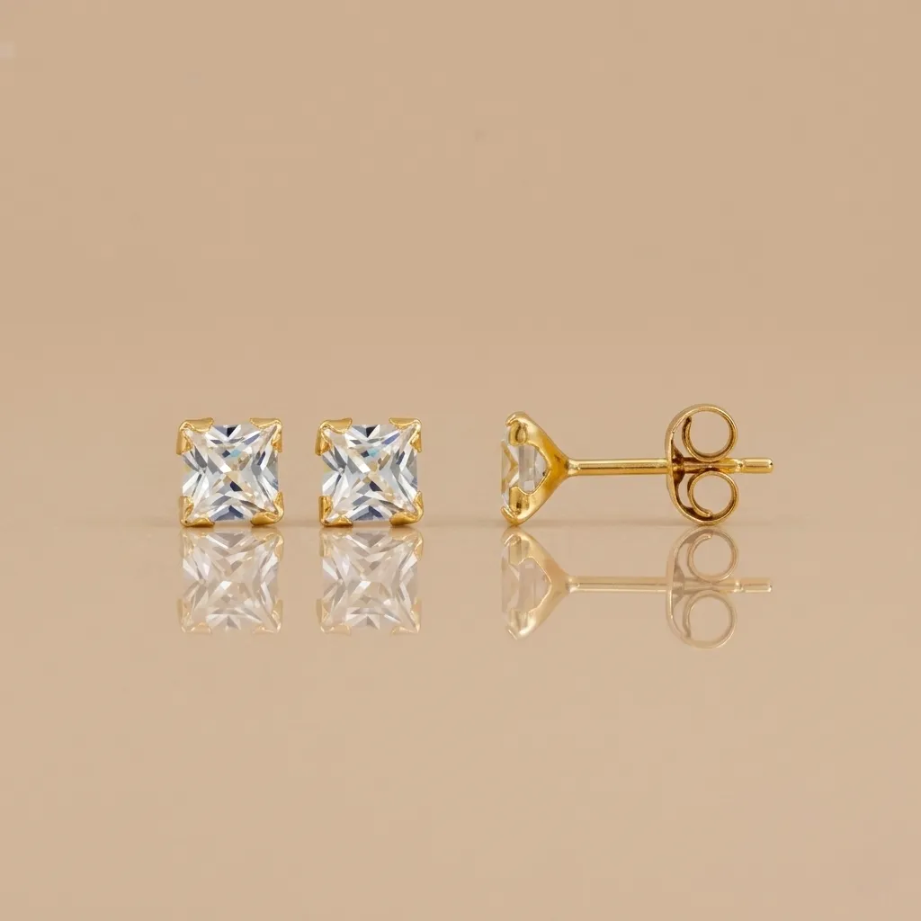 18K Solid Yellow Gold 3*3 mm Square Cubic Zirconia Stud Earrings, 0.40 g
