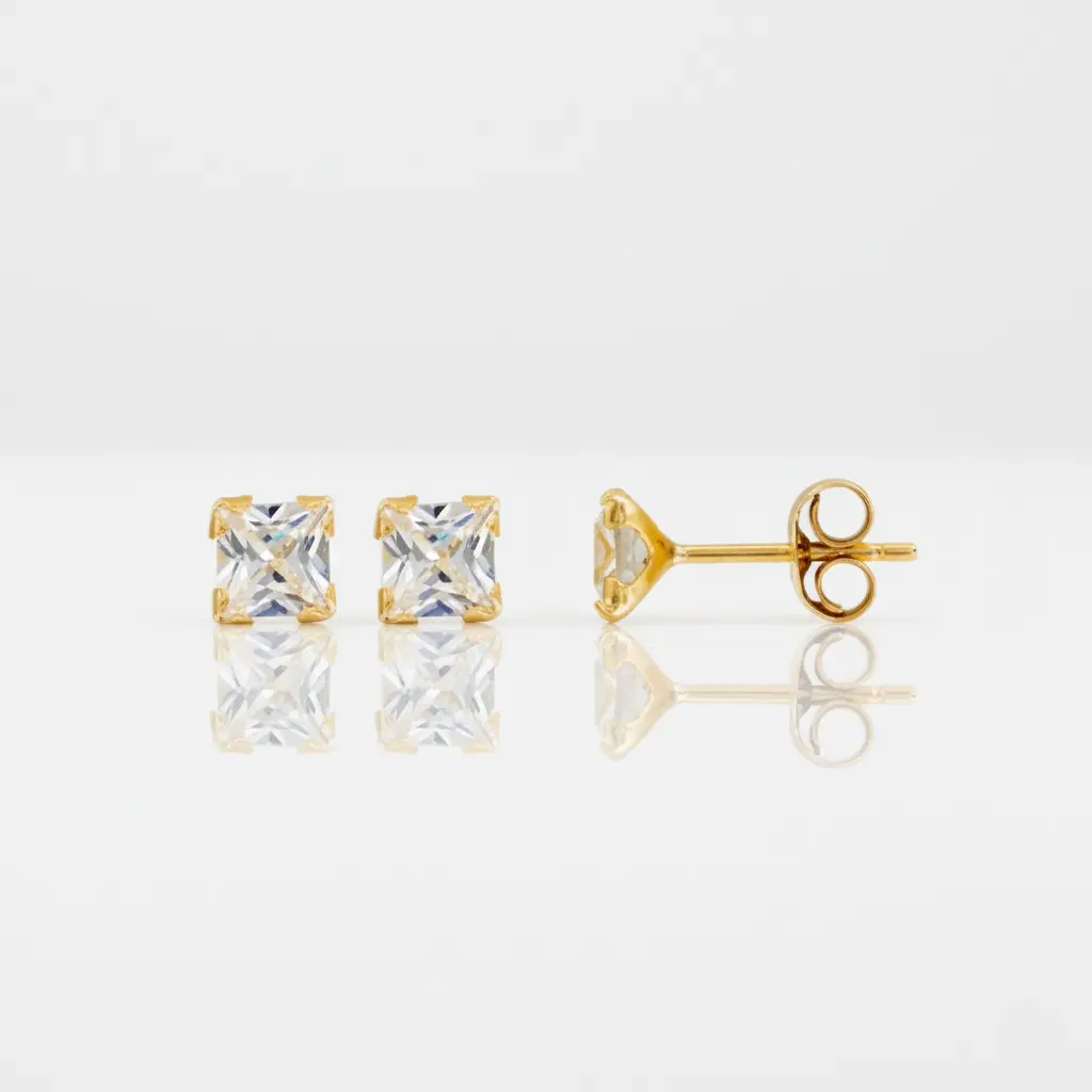18K Solid Yellow Gold 3*3 mm Square Cubic Zirconia Stud Earrings, 0.40 g