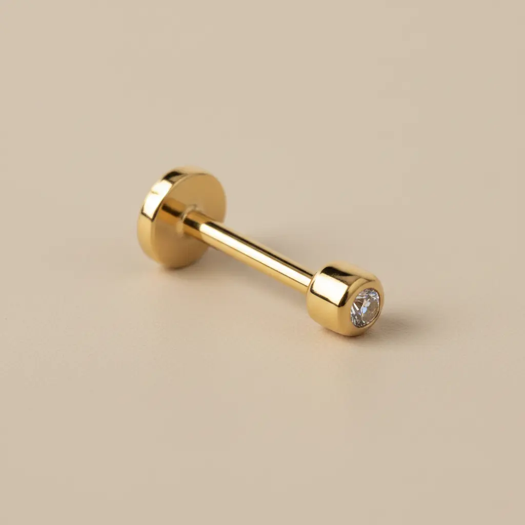 18K Solid Yellow Gold 1.5mm Diamond Bezel Labret Nose Ring, 0.29 g