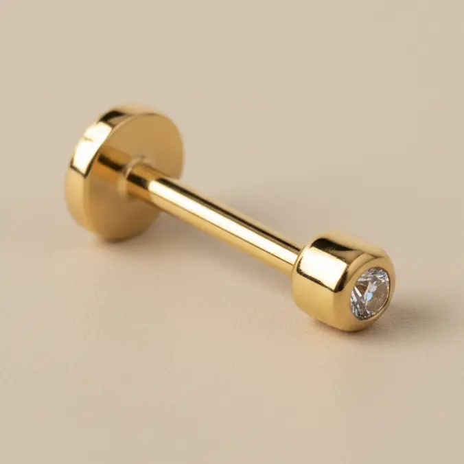 18K Solid Yellow Gold 2mm Diamond Bezel Labret Nose Ring, 0.34 g