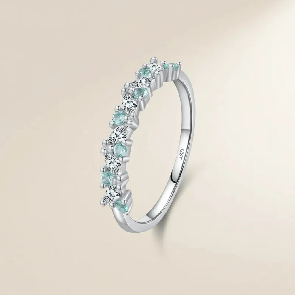 925 Silver Alternate Blue and White Zircon Vintage Ring US 9, 8 g