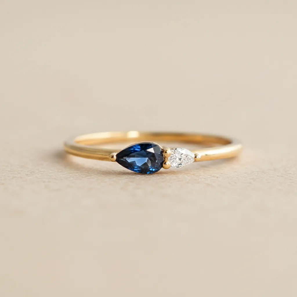 925 Silver 18K Gold Plated Double Pear Cut Blue and White Cubic Zirconia Ring US 6, 1 g