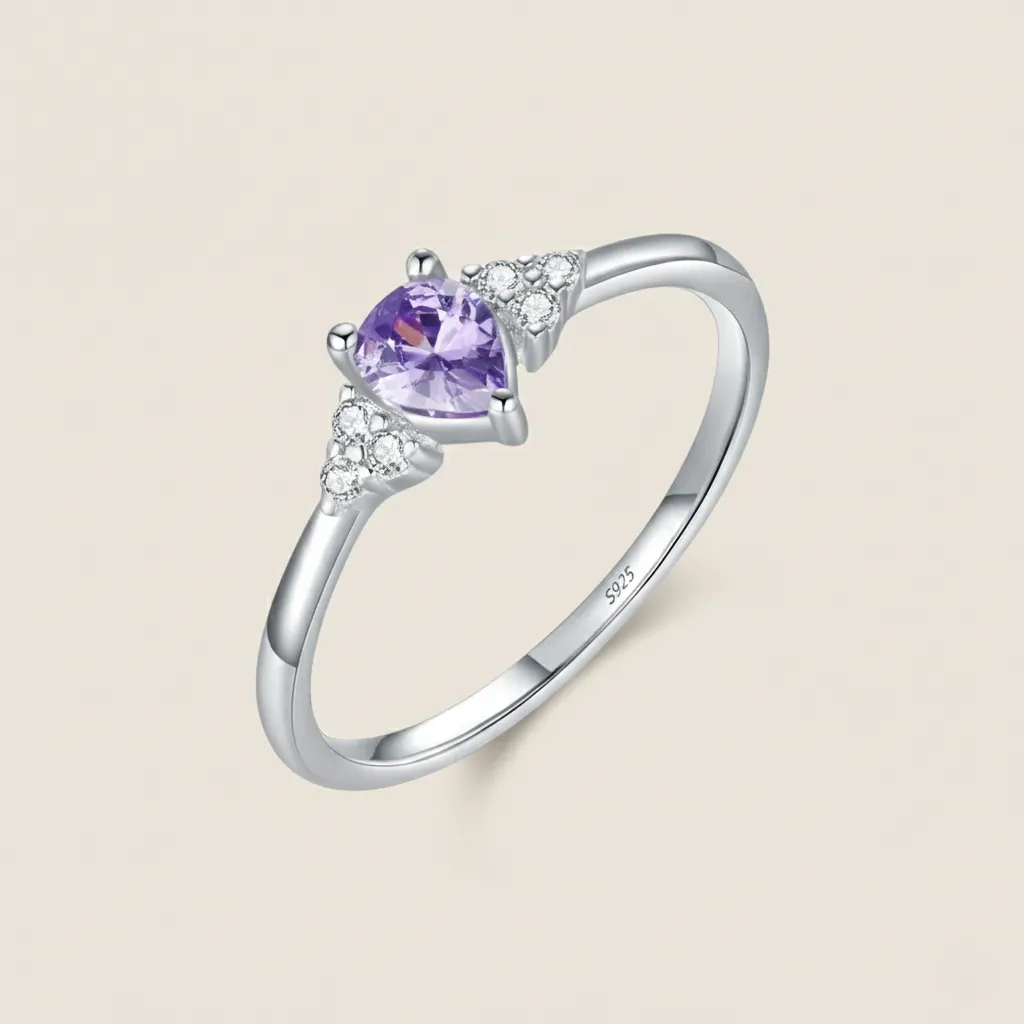 925 Silver Purple Pear-Shaped Zircon Ring US 9, 5 g