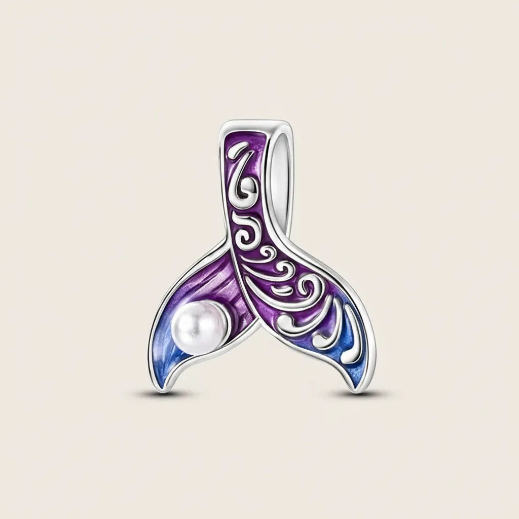 925 Silver Purple Pearl Engraved Whale Tail Charm, 2 g
