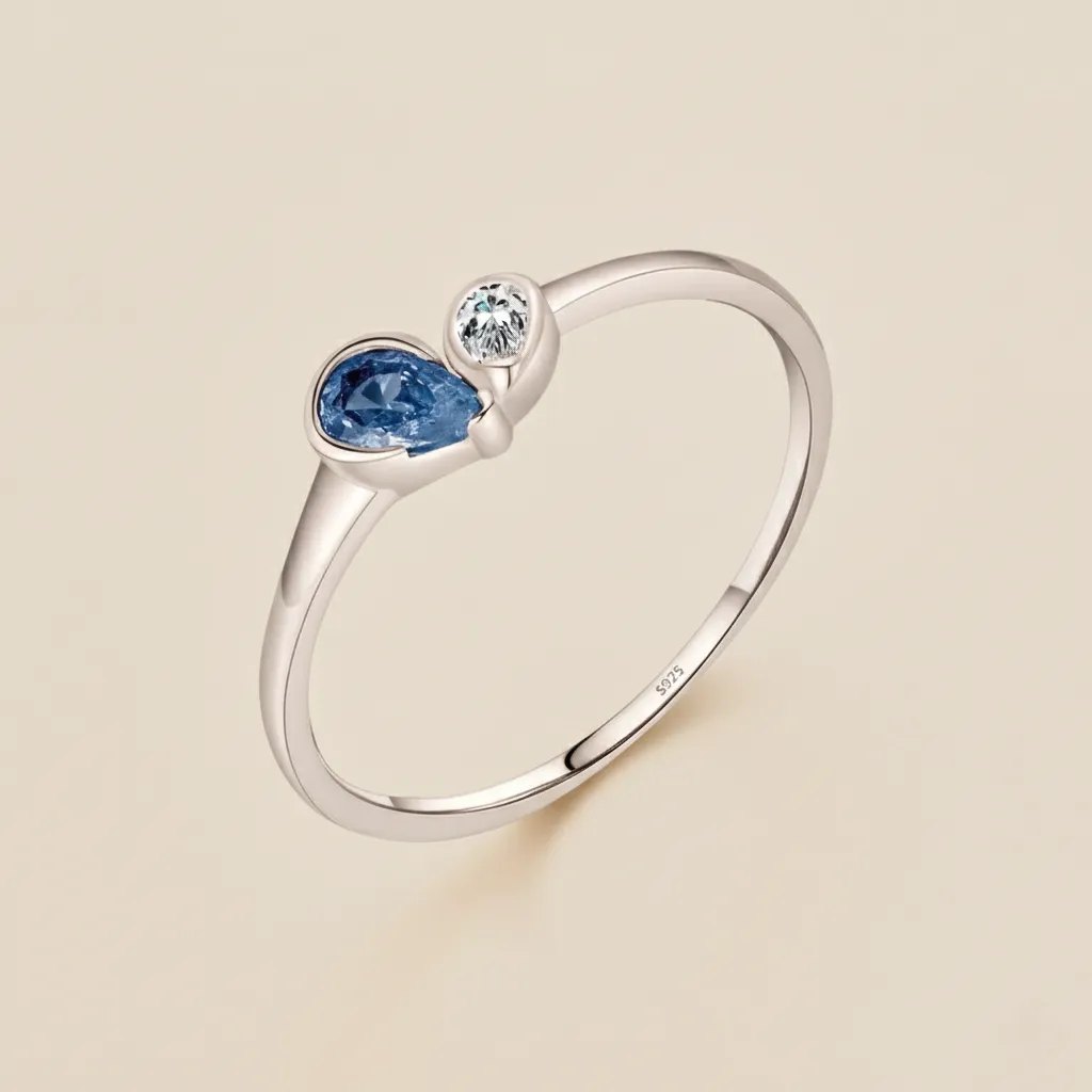 925 Silver Toi et Moi Bezel Pear-Shaped Blue and White Zircon Ring US 5, 4 g