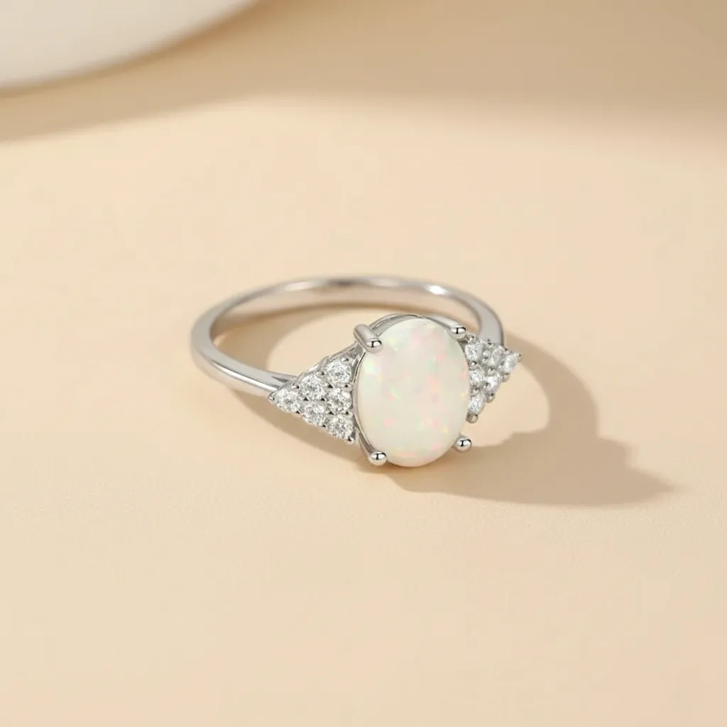 925 Silver Centre White Opal Cluster Zirconia Ring US 7, 6 g