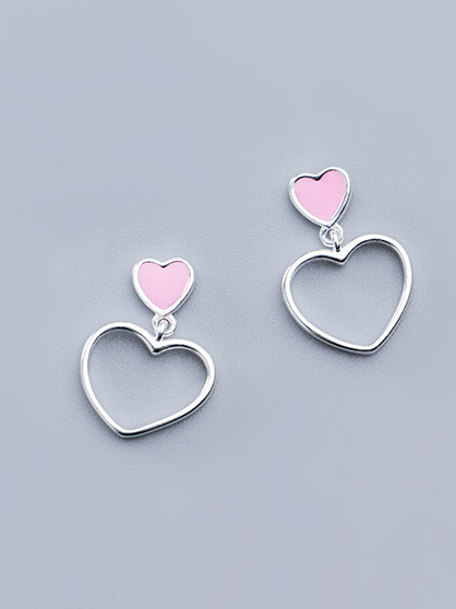 925 Silver Pink Enamel Hollow Heart Drop Earring, 0.0030 kg 