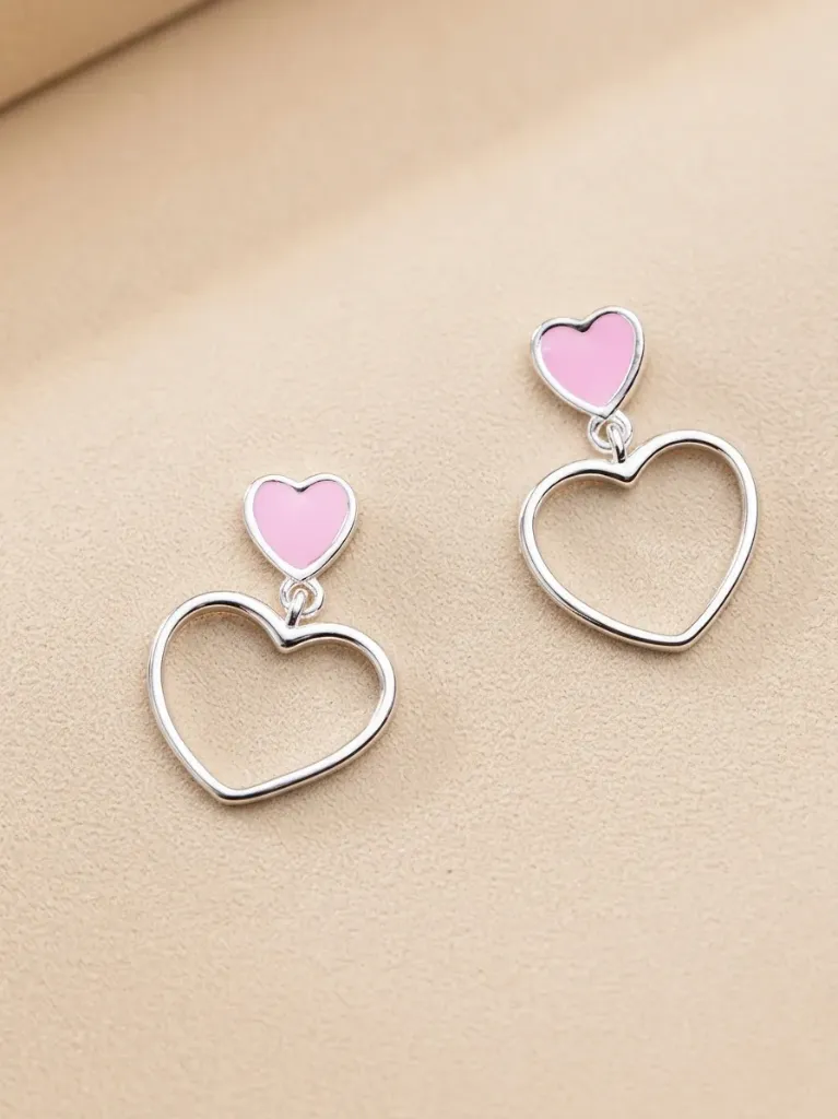 925 Silver Pink Enamel Hollow Heart Drop Earring, 0.0030 kg 