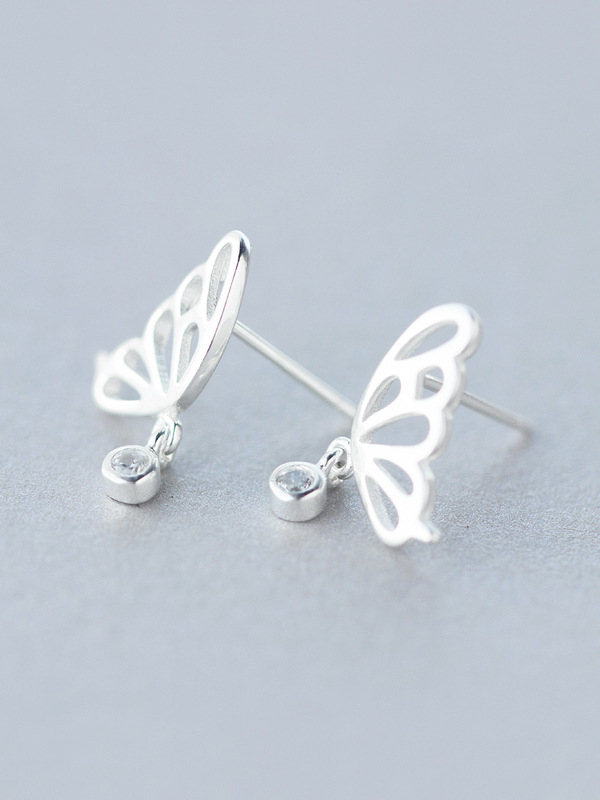 925 Silver Hollow Butterfly Stud Earring with Single Drop White Cubic Zirconia, 0.0015 kg