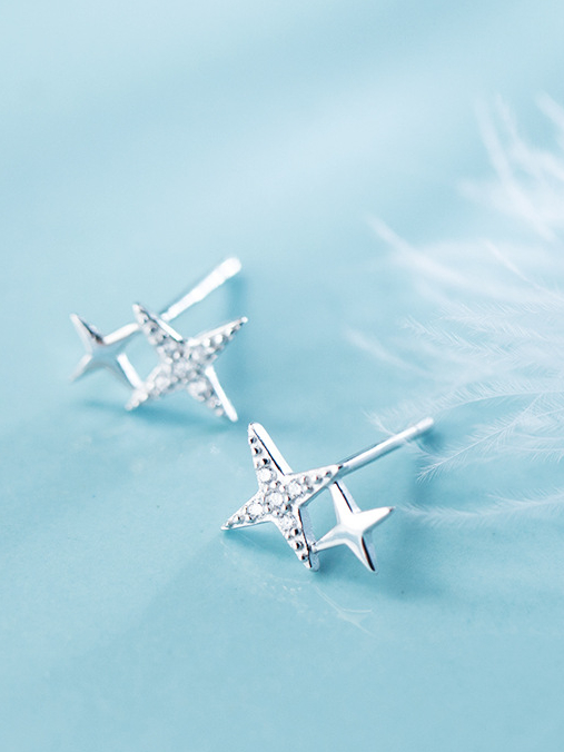 925 Silver Double Small Thin Star Stud Earring with Rhinestones, 0.0060 kg