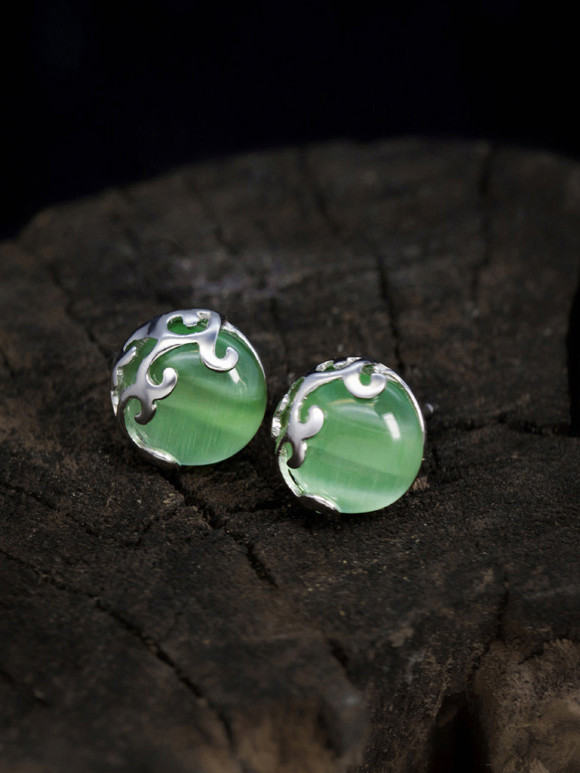 S925 Hollow-Out Green Agate Stud Earring, 0.0040 kg