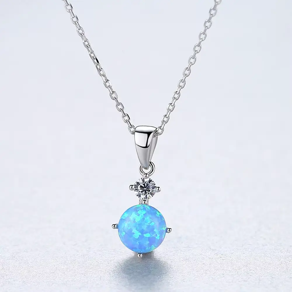 S925 Singular Blue Round Opal and Cubic Zirconia Necklace, 0.0030 kg