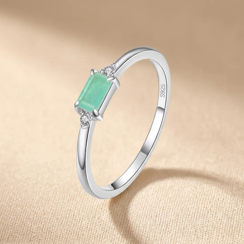 925 Silver Green Opal Rectangle Band Ring US 6, 0.0020 kg