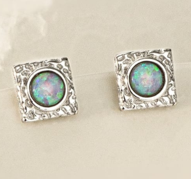 S925 Platinum Blue Opal Oval Square Vintage Stud Earring, 0.0040 kg