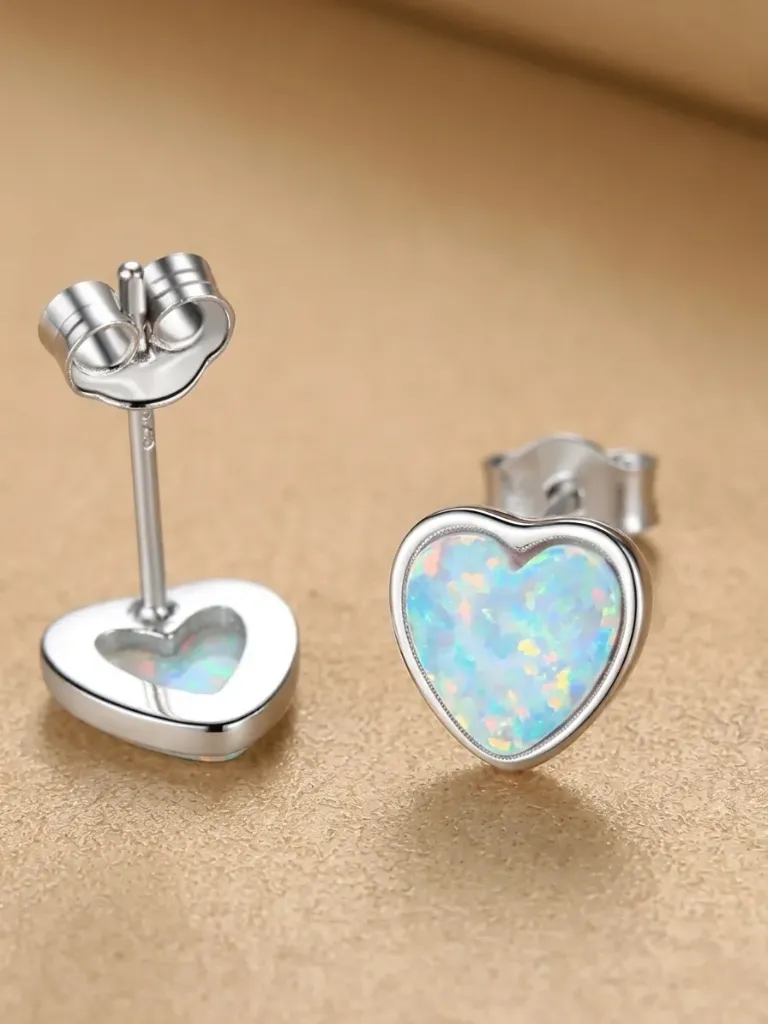 925 Silver Opal Heart Stud Earring, 0.0011 kg