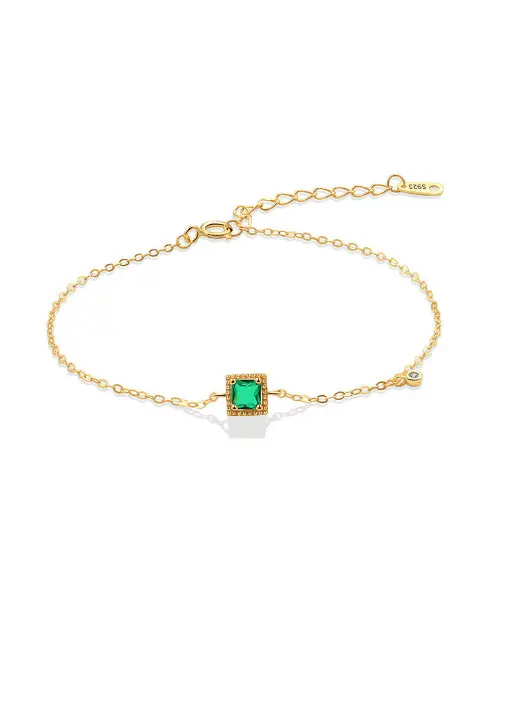 S925 14k Gold Plated Green Cubic Zirconia Geometric Link Bracelet, 0.0040 kg