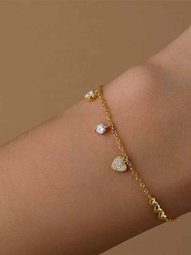S925 14K Gold Plated White Cubic Zirconia Heart Link Bracelet, 0.0050 kg