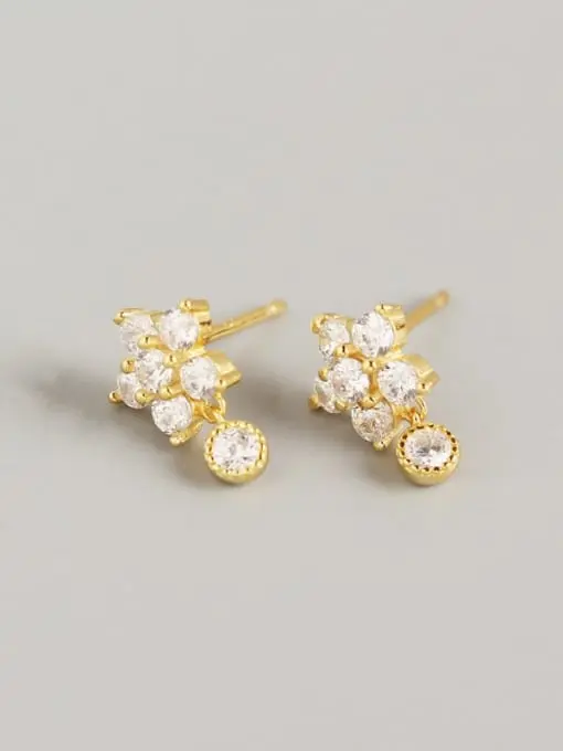 S925 14K Gold Plated Rhinestone White Flower Stud Earring, 0.0050 kg