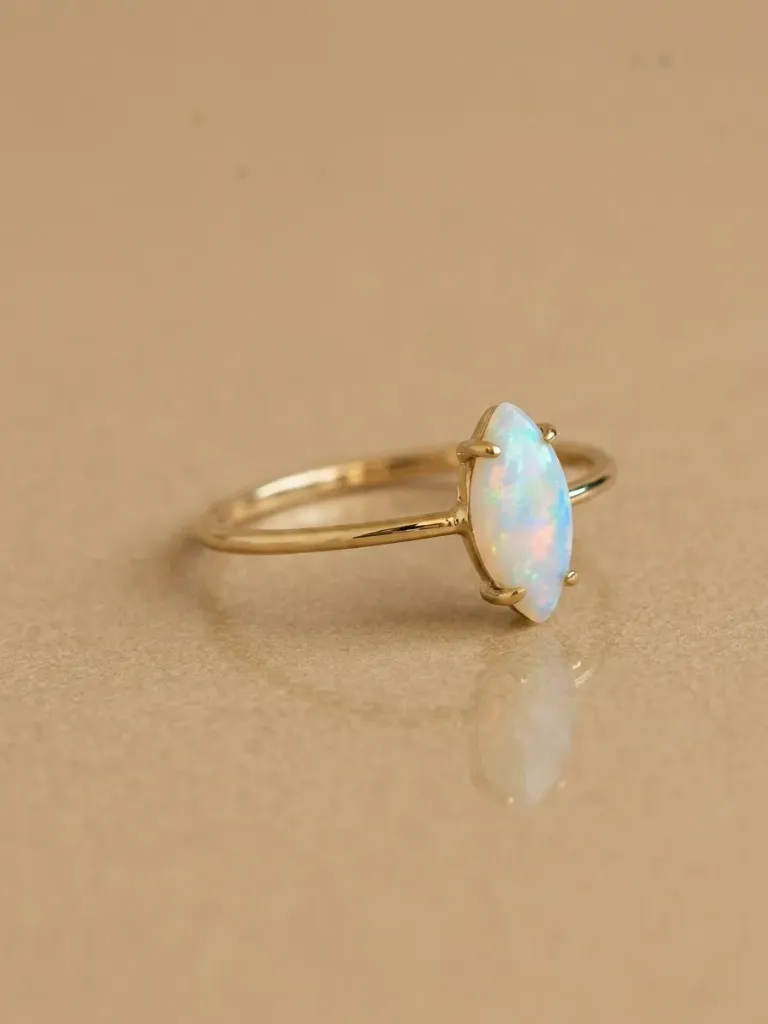 925 Silver 14K Gold Plated Pointed Oval Opal Geometric Band Ring US 7, 0.0030 kg