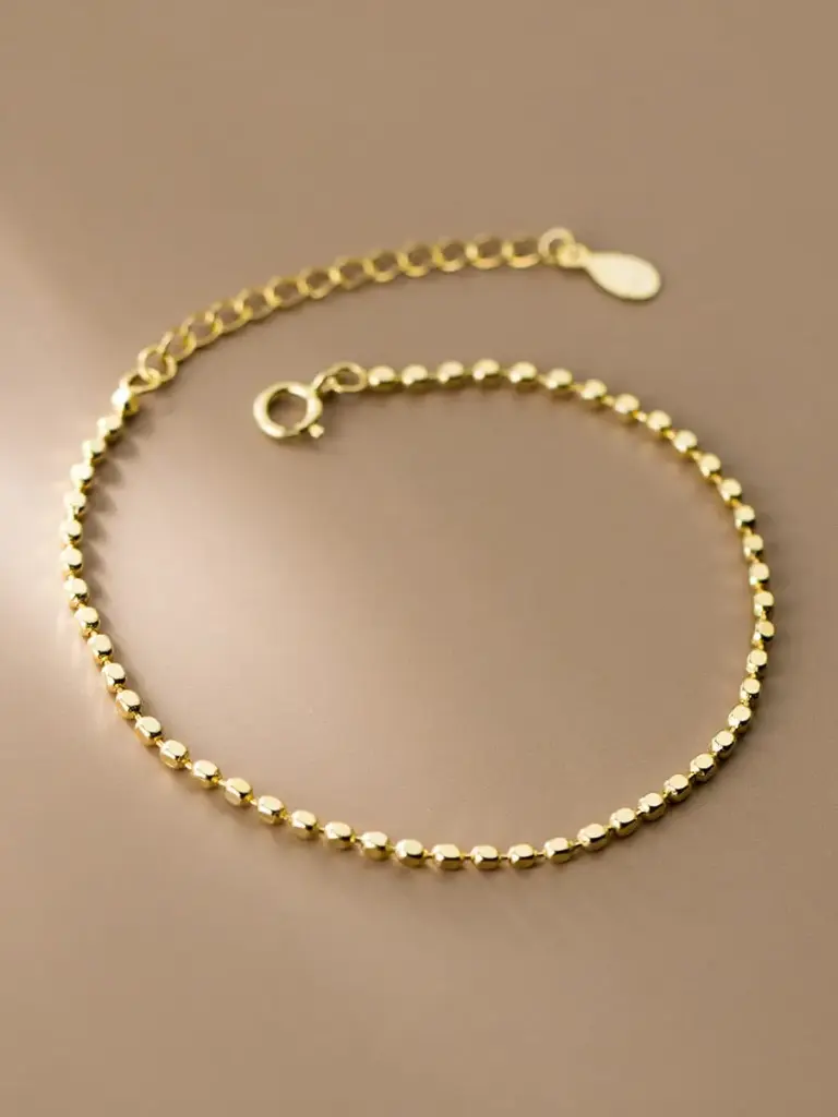 925 Silver 14K Gold Plated Round Minimalist Beaded Bracelet, 0.0050 kg