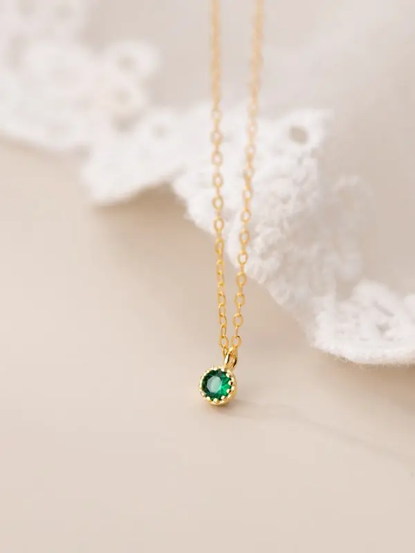 925 Silver 14K Gold Plated Green Cubic Zirconia Round Necklace, 0.0040 kg