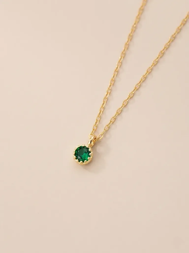 925 Silver 14K Gold Plated Green Cubic Zirconia Round Necklace, 0.0040 kg