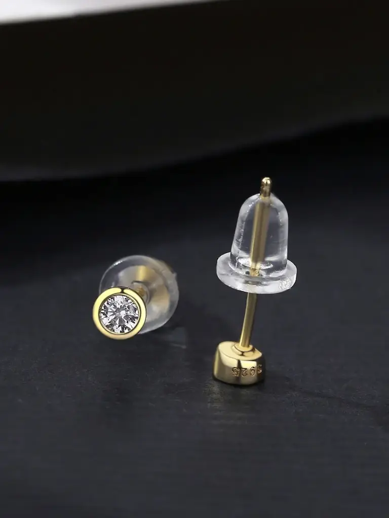 S925 14K Gold Plated Rhinestone Round Stud Earring, 0.0030 kg