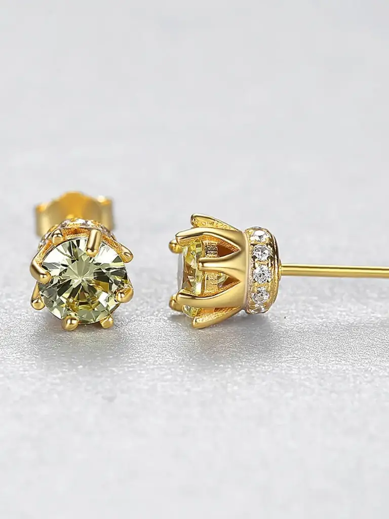 S925 14K Gold Plated Irregular Crown Light Green Cubic Zirconia  Stud Earring, 0.0030 kg