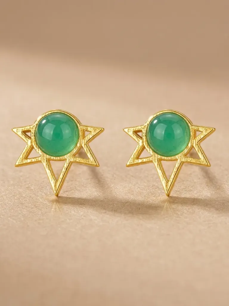 925 Silver 14K Gold Plated Green Opal Half Sun Stud Earring, 0.0030 kg