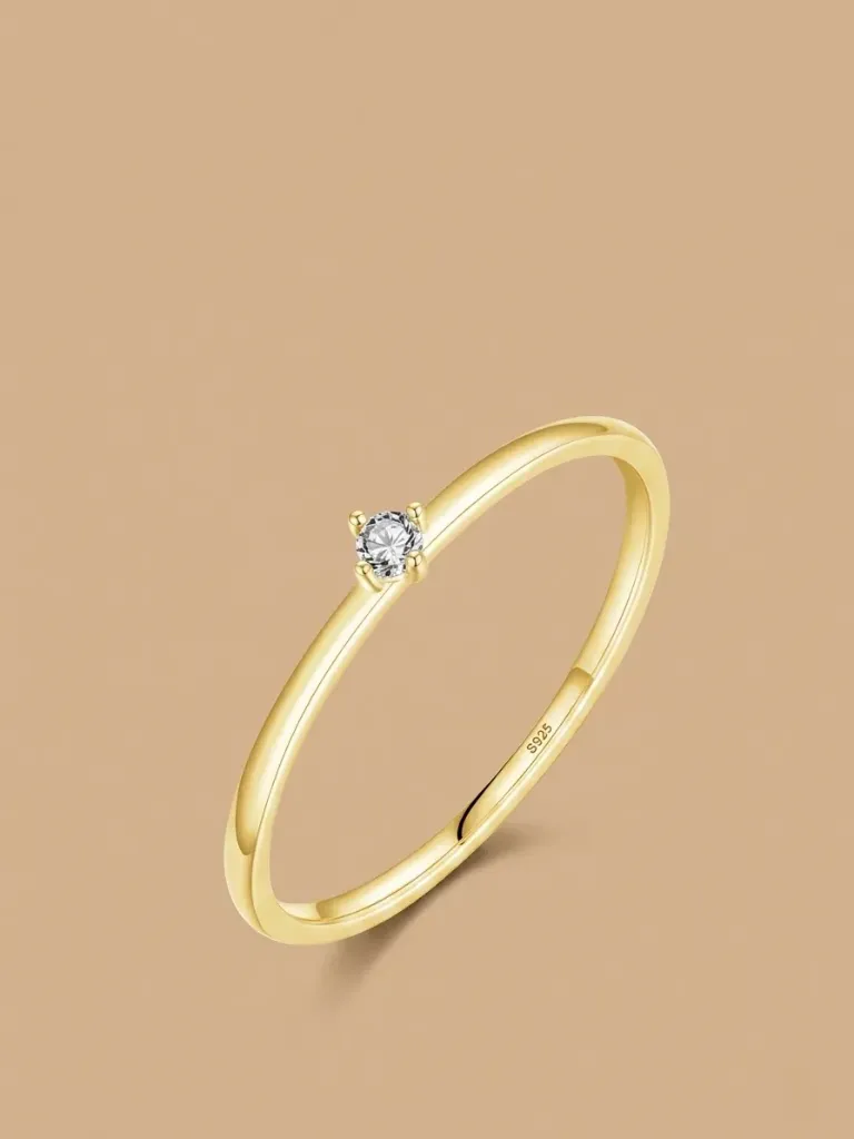 925 Silver 14K Gold Plated Single Round Moissanite Band Ring US 7, 0.0030 kg