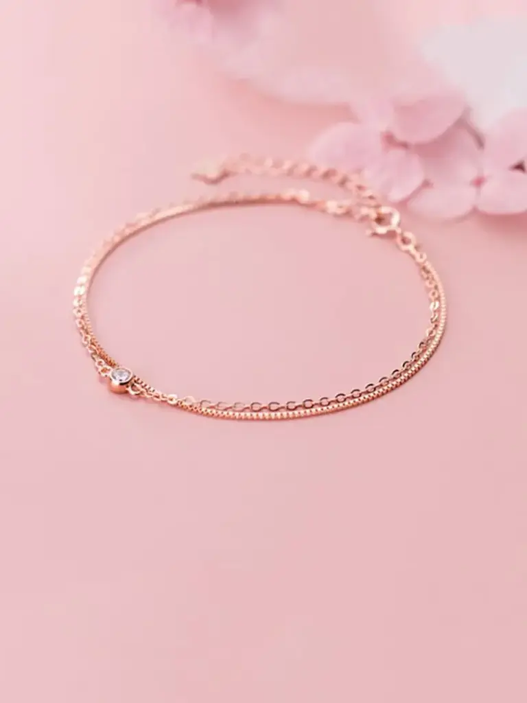 925 Silver 14K Rose Gold Plated White Cubic Zirconia Single Stone Double Strand Bracelet, 0.0050 kg