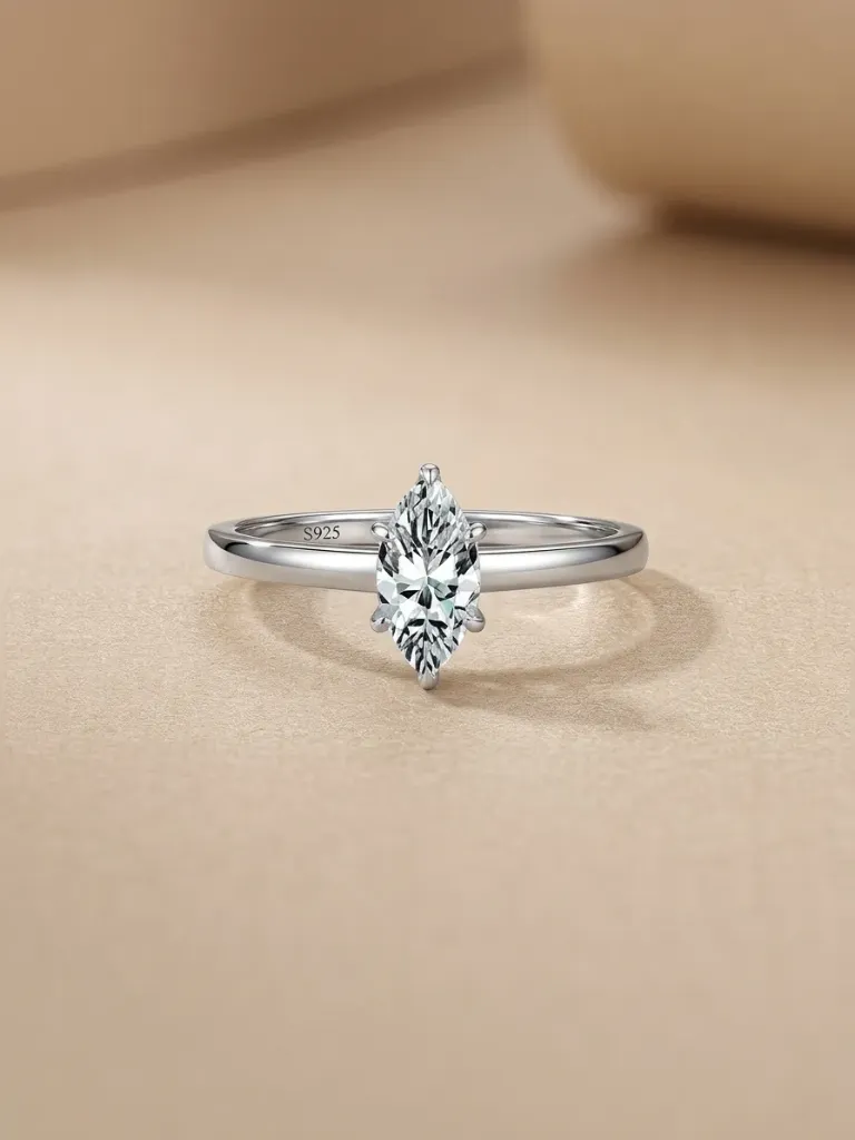 925 Silver Marquise Cut Moissanite Band Ring US 5, 0.0040 kg 