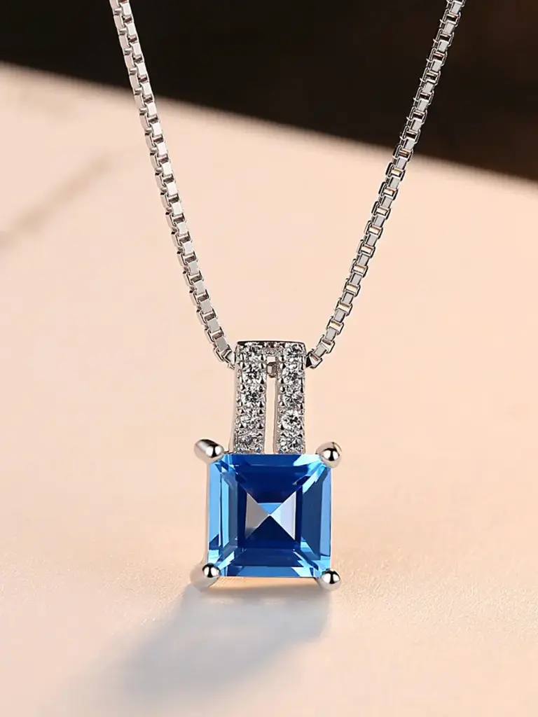 925 Silver Zircon Blue Square Necklace, 0.0050 kg 