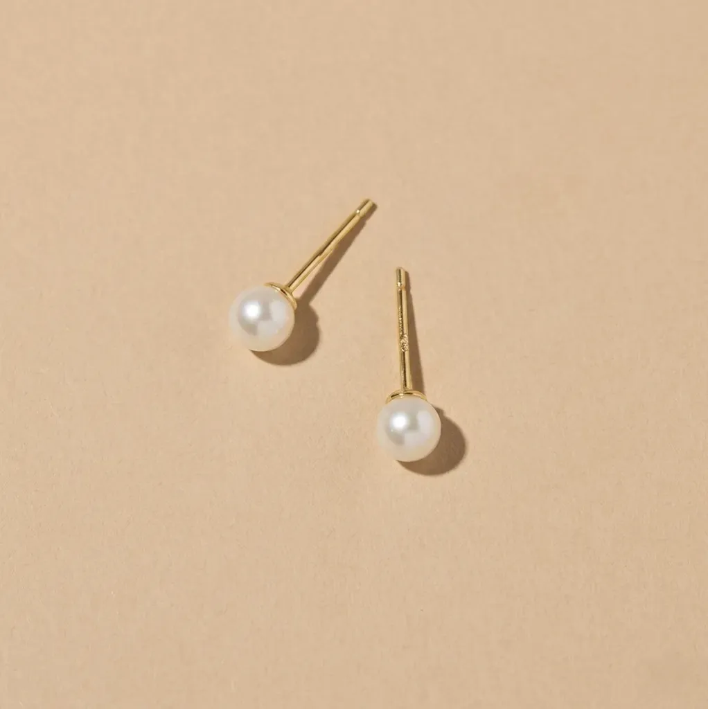 925 Silver 14K Gold Plated Freshwater Pearl Round Minimalist Stud Earring, 0.0050 kg 