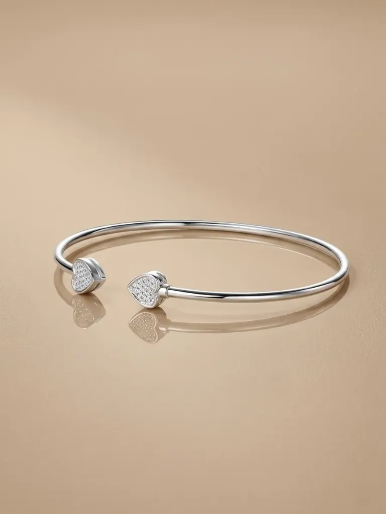 925 Silver Moissanite White Heart Cuff Bangle, 0.0016 kg 