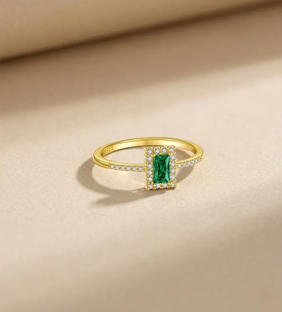 925 Silver 14K Gold Plated Rectangular Green Cubic Zirconia Band Ring US 6, 0.0050 kg 