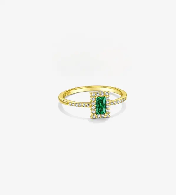 925 Silver 14K Gold Plated Rectangular Green Cubic Zirconia Band Ring US 6, 0.0050 kg 